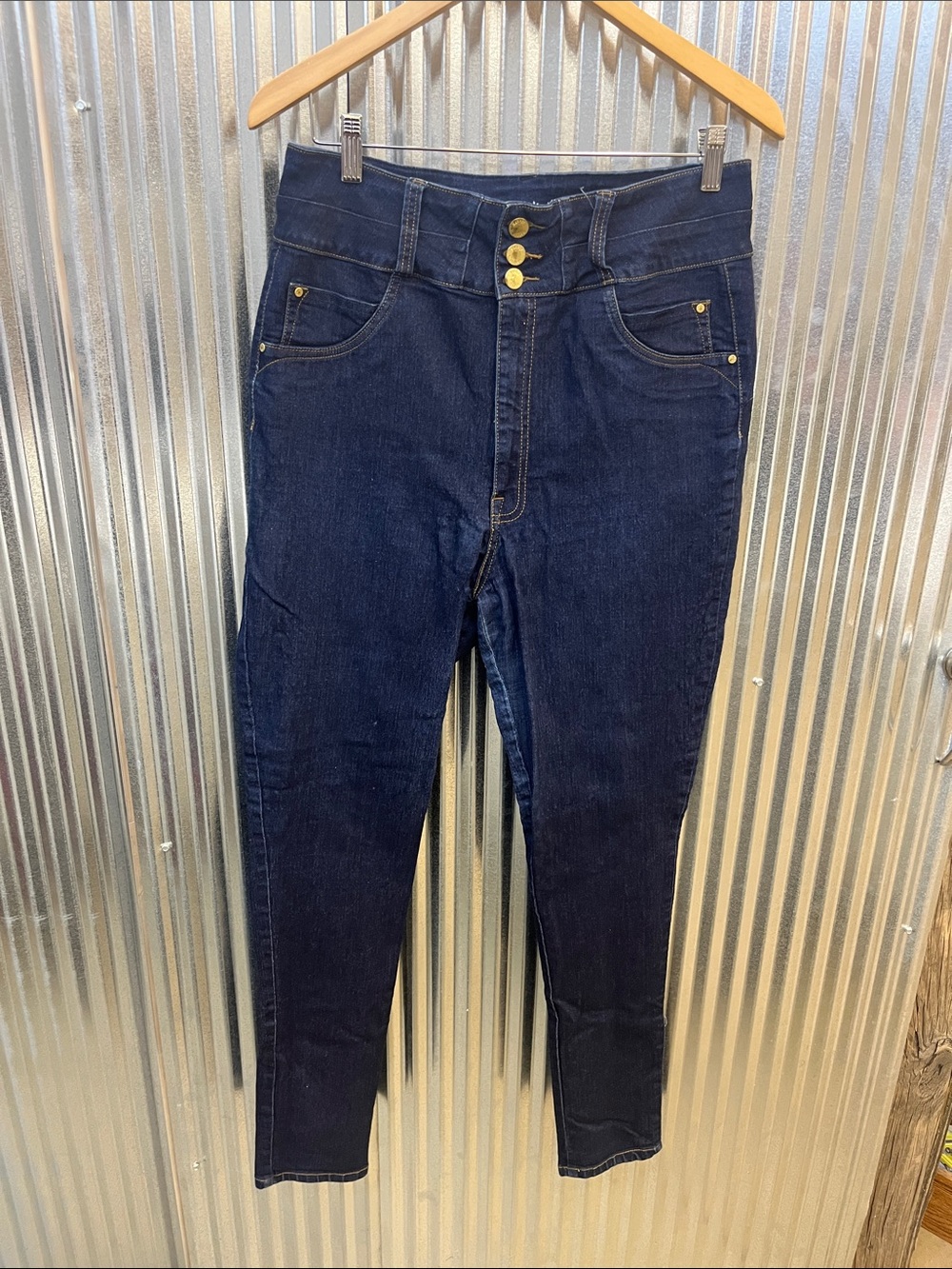 High-Rise Dark Indigo Womens Jeans with Triple-Button Waistband